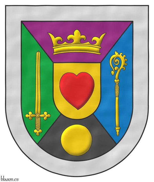 Escudo cuartelado en sotuer: 1o de prpura, una corona de oro; 2o de sinople, una espada alzada de oro; 3o de azur, un bculo de oro; 4o de sable, un bezante de oro; un escusn de oro cargado de un corazn de gules; una filiera de plata.