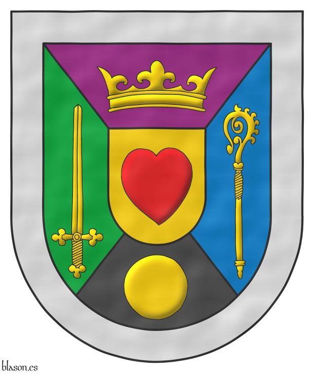 Escudo cuartelado en sotuer: 1o de prpura, una corona de oro; 2o de sinople, una espada de oro, alzada; 3o de azur, un bculo de oro; y 4o de sable, un bezante de oro. Escusn de oro, un corazn de gules. Filiera de plata.