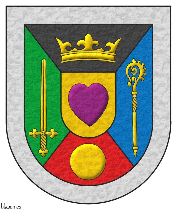 Escudo cuartelado en sotuer: 1o de prpura, una corona de oro; 2o de sinople, una espada alzada de oro; 3o de azur, un bculo de oro; 4o de sable, un bezante de oro; un escusn de oro cargado de un corazn de gules; una filiera de plata.
