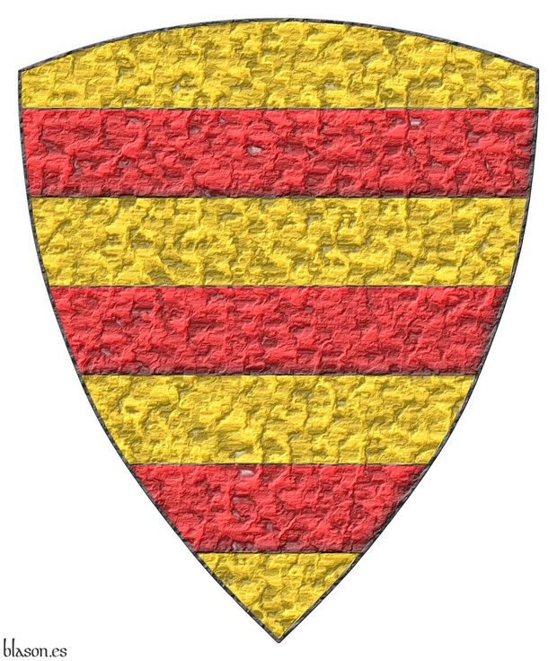 Or, three fesses Gules.