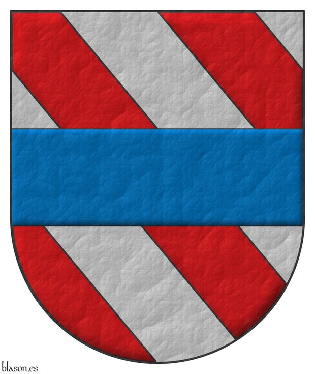 Escudo bandado de seis piezas de gules y plata; brochante sobre el todo una faja de azur.