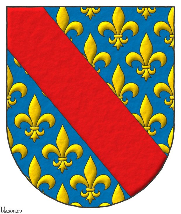 Escudo de Azur sembrado de flores de lis de oro, banda gules.