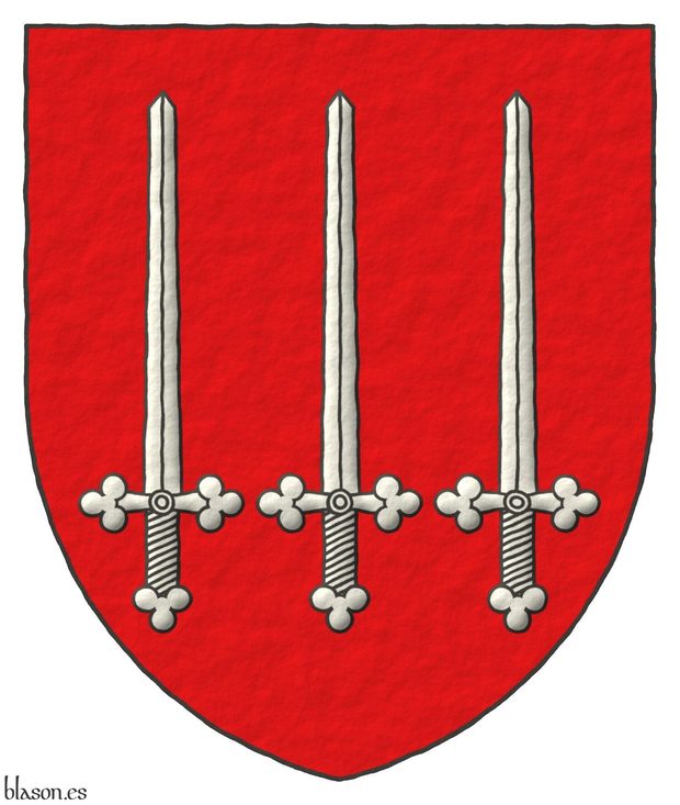 Escudo de gules, tres espadas de plata, alzadas, en faja.