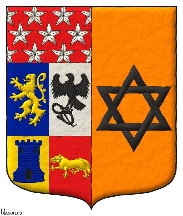 Escudo partido: 1o cuartelado: 1o de azur, un len rampante de oro, 2o de plata, un halcn azorado, teniendo en sus garras una sierpe ambos de sable, 3o de oro, una torre de azur, aclarada y mazonada de sable, 4o de gules, un zorro pasante de oro, un jefe de gules sembrado de estrellas de cinco puntas de plata; 2o de naranjado, una estrella de seis puntas, hueca y entrelazada de sable.