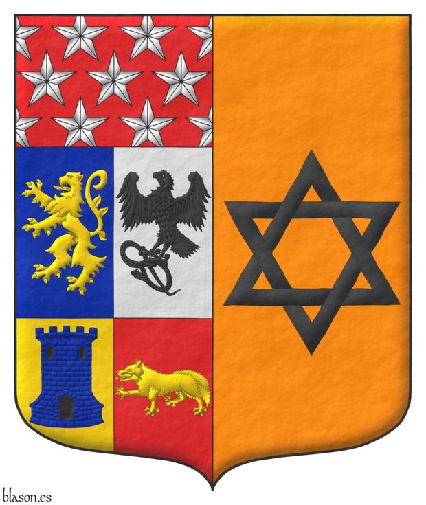 Escudo partido: 1o cuartelado: 1o de azur, un len rampante de oro, 2o de plata, un halcn azorado, teniendo en sus garras una sierpe ambos de sable, 3o de oro, una torre de azur, aclarada y mazonada de sable, 4o de gules, un zorro pasante de oro, un jefe de gules sembrado de estrellas de cinco puntas de plata; 2o de naranjado, una estrella de seis puntas, hueca y entrelazada de sable.