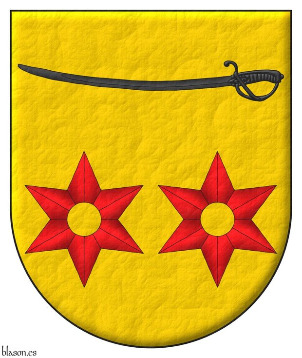 Escudo de oro, dos rosetas de espuela en faja de gules; en jefe, un sable puesto en faja de sable.