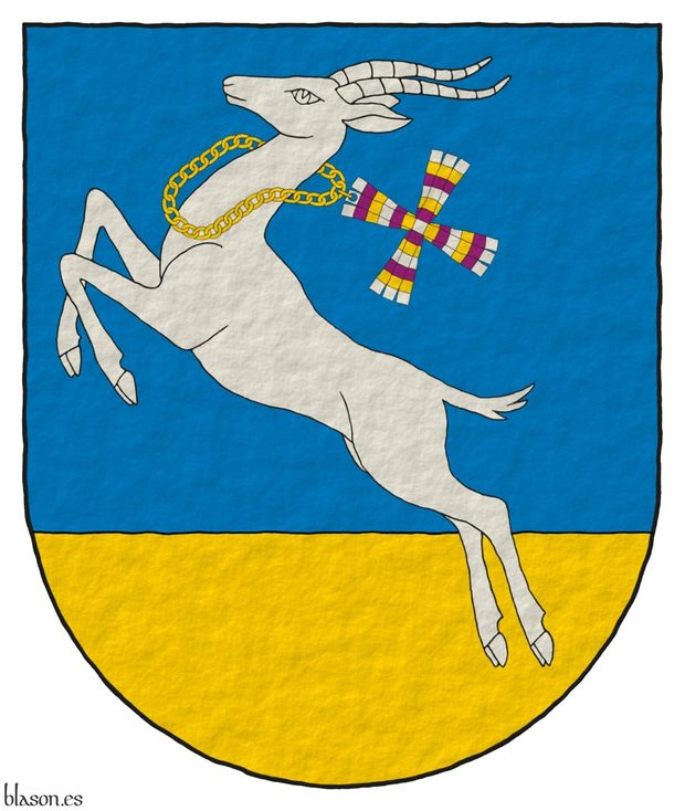 Azure, a terraze in base Or, overall a gazelle springing Argent, collared with a chain streaming to sinister Or conjoined to the cross of the Cruz family bendwise.