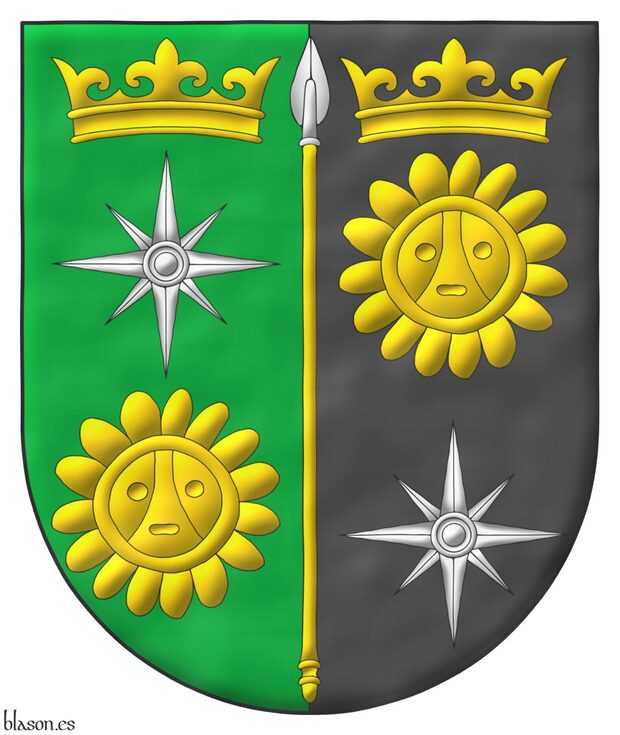 Party per pale: 1 Vert, a compass rose Argent between, in chief a coronet Or, in base a Taino sun Or; 2 Sable, a Taino sun Or between, in chief a coronet Or, in base a compass rose Argent; overall a spear Or, headed Argent.