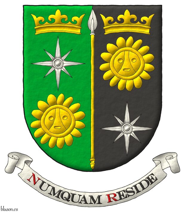 Escudo partido: 1o de sinople, una rosa de los vientos de plata, acompa�ada en jefe de una corona antigua y en punta de un sol ta�no ambos de oro; 2o de sable, un sol ta�no de oro, acompa�ado en jefe de una corona antigua de oro y en punta de una rosa de los vientos de plata; brochante sobre la partici�n una lanza de plata, fustada de oro. Lema: �Numquam reside�.