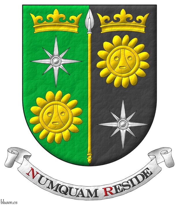 Party per pale: 1 Vert, a compass rose Argent between, in chief a coronet Or, in base a Taino sun Or; 2 Sable, a Taino sun Or between, in chief a coronet Or, in base a compass rose Argent; overall a spear Or, headed Argent. Motto: �Numquam reside�.