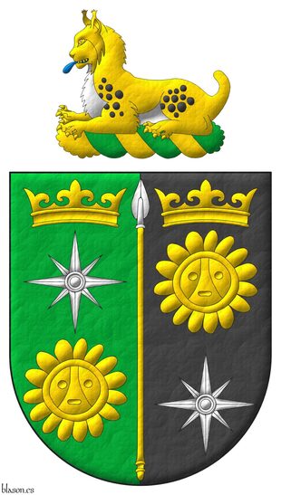 Party per pale: 1 Vert, a compass rose Argent between, in chief a coronet Or, in base a Taino sun Or; 2 Sable, a Taino sun Or between, in chief a coronet Or, in base a compass rose Argent; overall a spear Or, headed Argent. Crest: A lynx couchant proper, langued Azure.