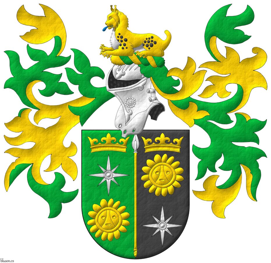 Party per pale: 1 Vert, a compass rose Argent between, in chief a coronet Or, in base a Taino sun Or; 2 Sable, a Taino sun Or between, in chief a coronet Or, in base a compass rose Argent; overall a spear Or, headed Argent. Crest: Upon a helm with a wreath Or and Vert, a lynx couchant proper, langued Azure. Mantling: Vert doubled Or.