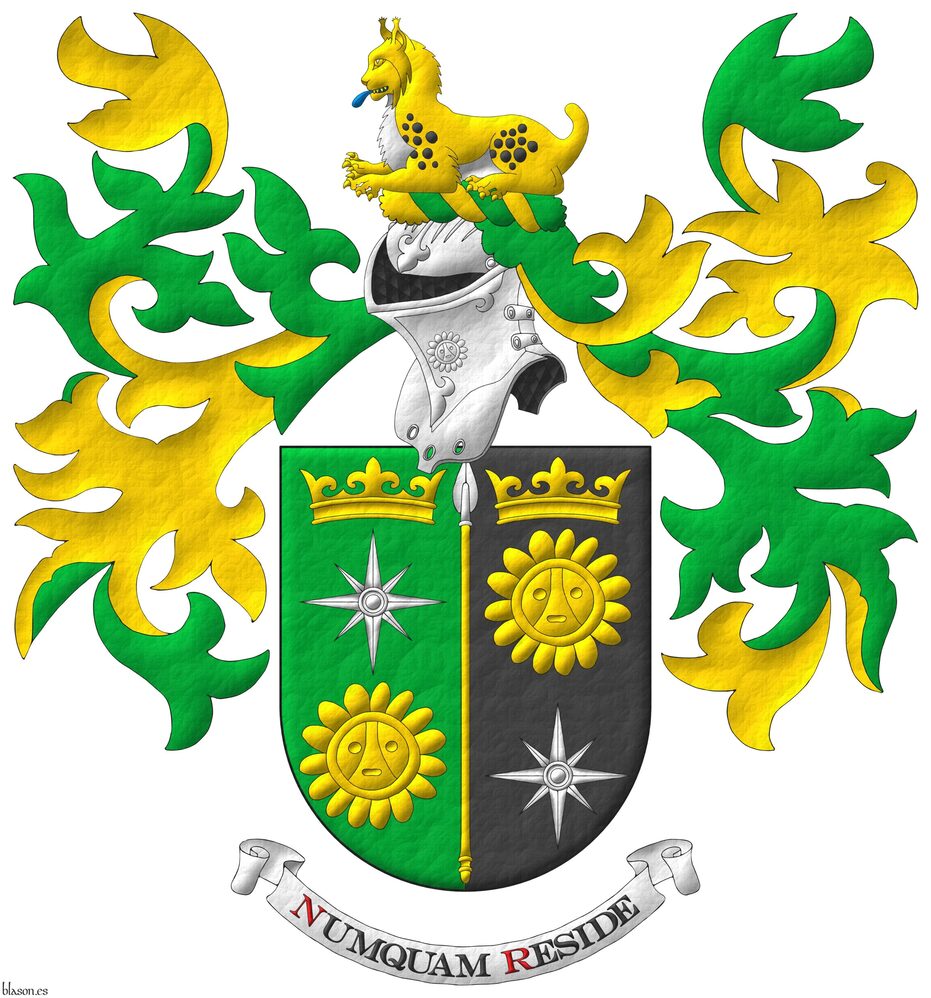 Party per pale: 1 Vert, a compass rose Argent between, in chief a coronet Or, in base a Taino sun Or; 2 Sable, a Taino sun Or between, in chief a coronet Or, in base a compass rose Argent; overall a spear Or, headed Argent. Crest: Upon a helm with a wreath Or and Vert, a lynx couchant proper, langued Azure. Mantling: Vert doubled Or. Motto: �Numquam reside�.