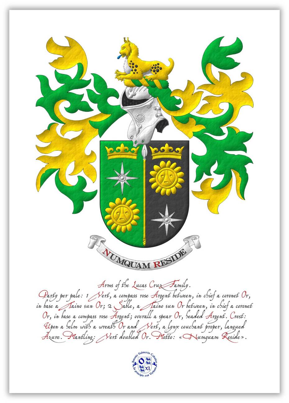 Escudo partido: 1o de sinople, una rosa de los vientos de plata, acompa�ada en jefe de una corona antigua y en punta de un sol ta�no ambos de oro; 2o de sable, un sol ta�no de oro, acompa�ado en jefe de una corona antigua de oro y en punta de una rosa de los vientos de plata; brochante sobre la partici�n una lanza de plata, fustada de oro. Timbrado de un yelmo, adornado de dos lambrequines de sinople doblados de oro, un burelete de oro y sinople, cimado de un lince tumbado al natural, lampasado de azur. Lema: �Numquam reside�.