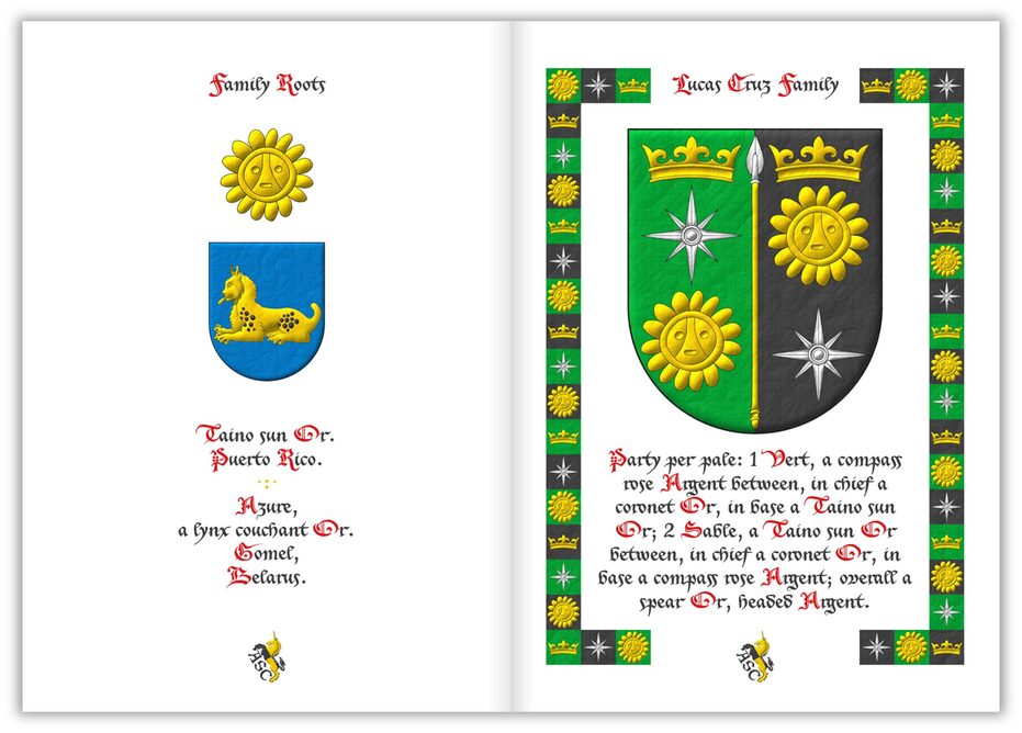 Escudo partido: 1o de sinople, una rosa de los vientos de plata, acompa�ada en jefe de una corona antigua y en punta de un sol ta�no ambos de oro; 2o de sable, un sol ta�no de oro, acompa�ado en jefe de una corona antigua de oro y en punta de una rosa de los vientos de plata; brochante sobre la partici�n una lanza de plata, fustada de oro. Timbrado de un yelmo, adornado de dos lambrequines de sinople doblados de oro, un burelete de oro y sinople, cimado de un lince tumbado al natural, lampasado de azur. Lema: �Numquam reside�.