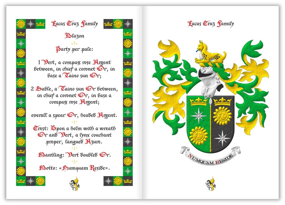 Party per pale: 1 Vert, a compass rose Argent between, in chief a coronet Or, in base a Taino sun Or; 2 Sable, a Taino sun Or between, in chief a coronet Or, in base a compass rose Argent; overall a spear Or, headed Argent. Crest: Upon a helm with a wreath Or and Vert, a lynx couchant proper, langued Azure. Mantling: Vert doubled Or. Motto: �Numquam reside�.