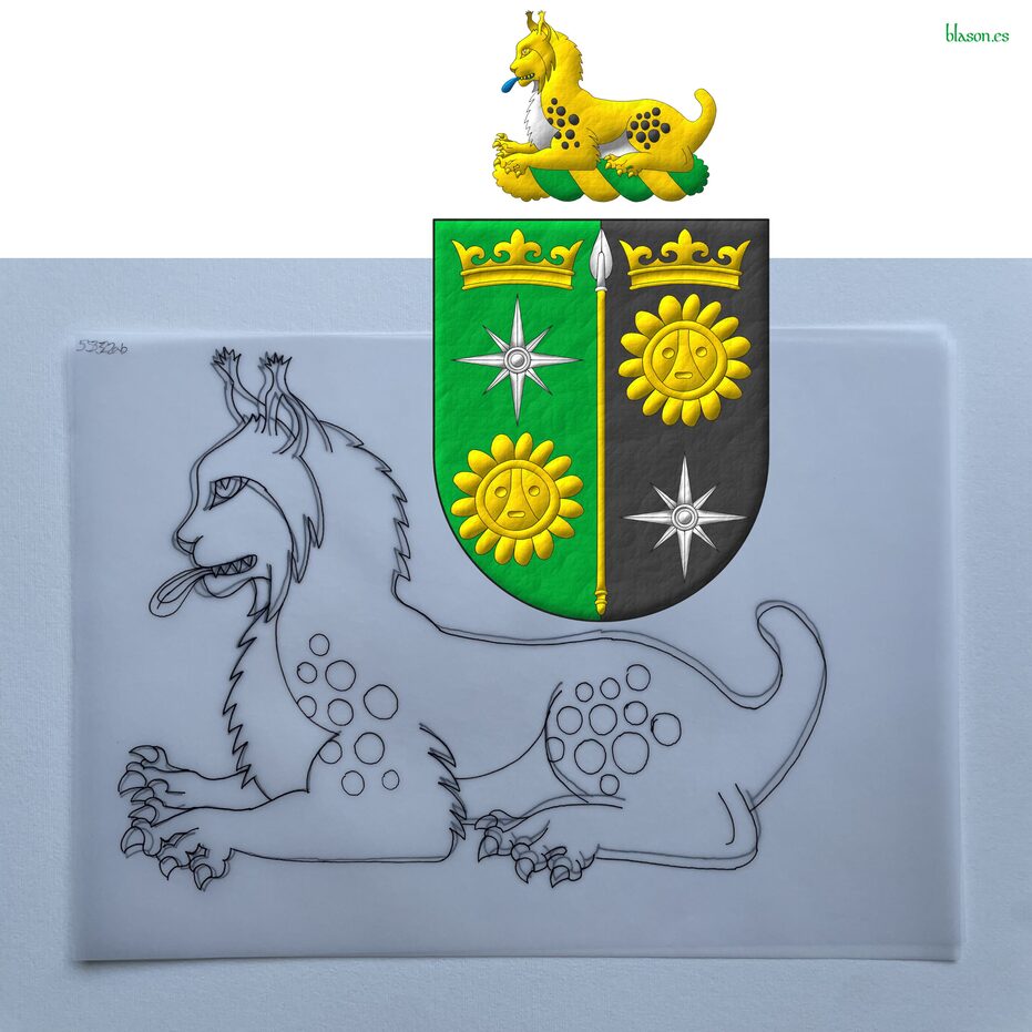 Escudo partido: 1o de sinople, una rosa de los vientos de plata, acompa�ada en jefe de una corona antigua y en punta de un sol ta�no ambos de oro; 2o de sable, un sol ta�no de oro, acompa�ado en jefe de una corona antigua de oro y en punta de una rosa de los vientos de plata; brochante sobre la partici�n una lanza de plata, fustada de oro. Cimado de un lince tumbado al natural, lampasado de azur.