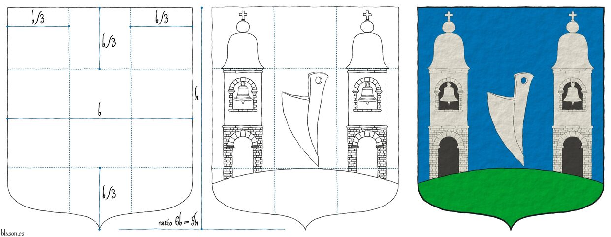 Escudo de azur, una reja de arado bajada de plata acompaada de dos campanarios de plata, aclarados de sable, terrazados de sinople.