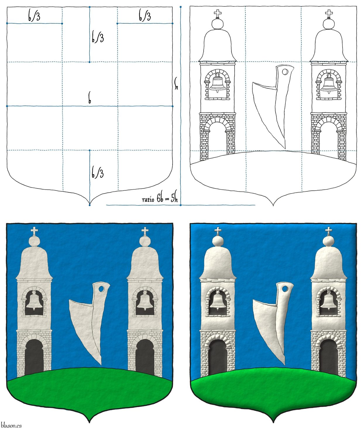 Escudo de azur, una reja de arado bajada de plata acompaada de dos campanarios de plata, aclarados de sable, terrazados de sinople.