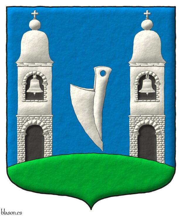 Azure, a plough share points downward Argent between, on a base enarched Vert, two bell towers Argent, port and window Sable.