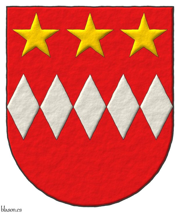 Escudo de gules, una faja de cinco fusos de plata, en jefe tres estrellas de oro.