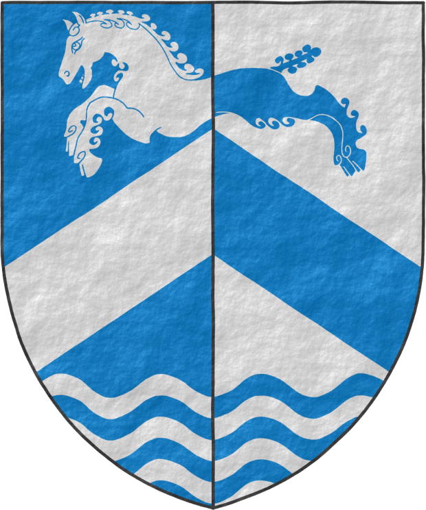 Escudo partido de azur y plata, un cabrio del uno al otro; surmontado de un caballo saltante, del uno al otro; y en la punta, un mar moviente, del uno al otro.