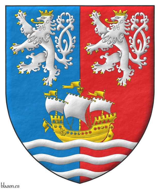 Party per pale Azure and Gules, overall in chief two lions rampant, double queued Argent, armed, langued and crowned Or, and in base upon three bars wavy Argent, a ship Or, in full sail Argent.