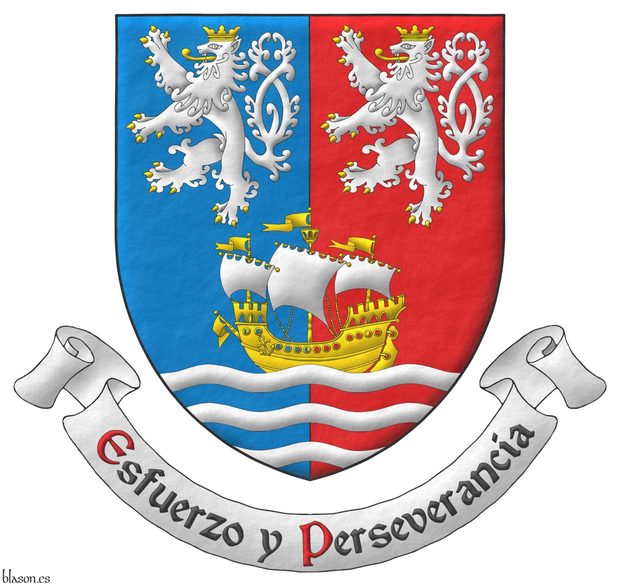 Party per pale Azure and Gules, overall in chief two lions rampant, double queued Argent, armed, langued and crowned Or, and in base upon three bars wavy Argent, a ship Or, in full sail Argent. Motto: Esfuerzo y Perseverancia Sable, with initial letters Gules, over a scroll Argent.
