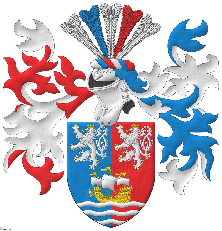 Party per pale Azure and Gules, overall in chief two lions rampant, double queued Argent, armed, langued and crowned Or, and in base upon three bars wavy Argent, a ship Or, in full sail Argent. Crest: Upon a helm with a wreath Or, Azure and Gules, five ostrich feathers Argent, Azure, and Gules. Mantling: On the dexter Gules doubled Argent and on the sinister Azure doubled Argent.