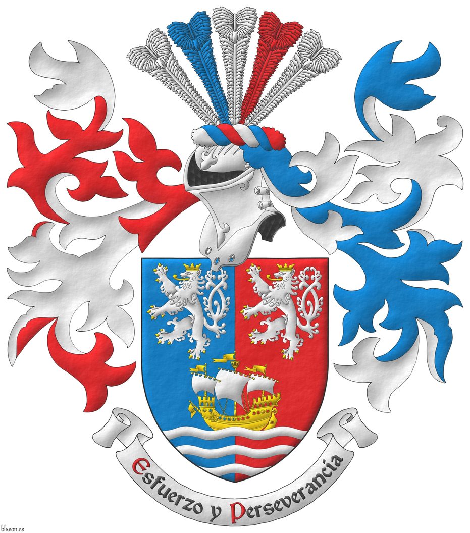 Party per pale Azure and Gules, overall in chief two lions rampant, double queued Argent, armed, langued and crowned Or, and in base upon three bars wavy Argent, a ship Or, in full sail Argent. Crest: Upon a helm with a wreath Or, Azure and Gules, five ostrich feathers Argent, Azure, and Gules. Mantling: On the dexter Gules doubled Argent and on the sinister Azure doubled Argent. Motto: Esfuerzo y Perseverancia Sable, with initial letters Gules, over a scroll Argent.