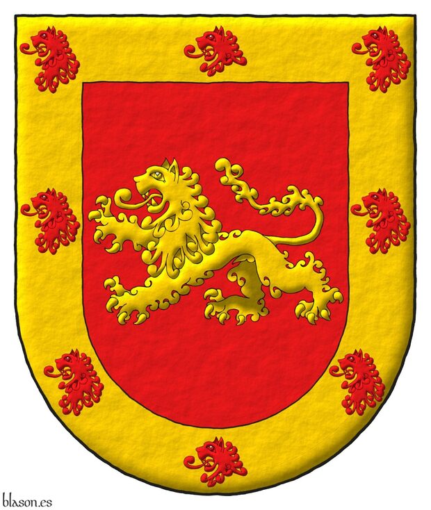 Escudo de gules, un len leopardado de oro; una bordura de oro, cargada de ocho cabezas de len arrancadas de gules.