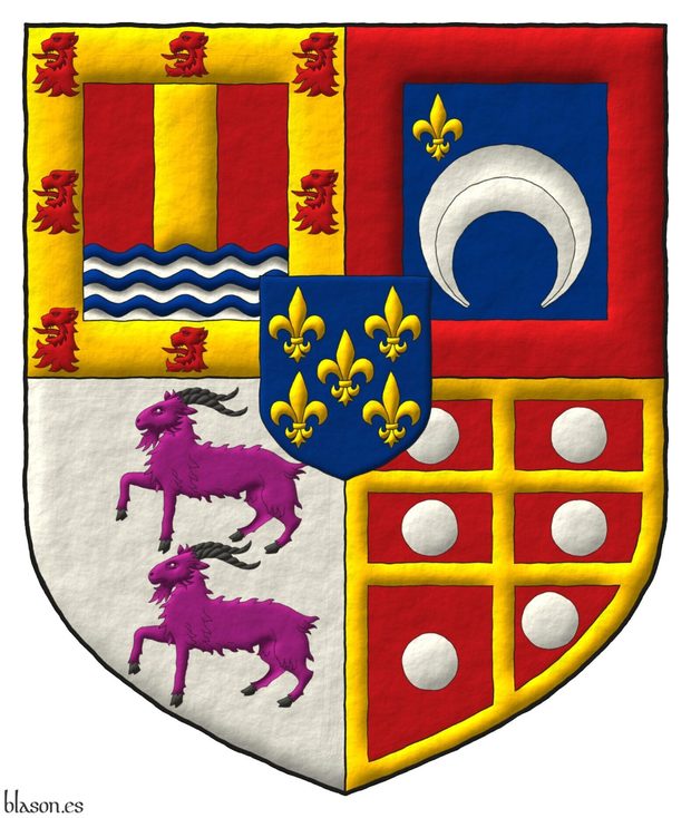 Escudo cuartelado: 1o de gules, un palo de oro sostenido de seis ondas de azur y plata, una bordura de oro cargada de ocho cabezas de le�n arrancadas de gules [de Dur�n]; 2o de azur, un creciente ranversado de plata, en la diestra del jefe una flor de lis de oro, una bordura de gules [de Alpoim]; 3o de plata, dos cabras en palo de p�rpura, acornadas de sable [de Cabral]; 4o de gules, una cruz doble y plena de oro cantonada de seis bezantes de plata, una bordura de oro [de Melo]; un escus�n de azur, cinco flores de lis de oro.