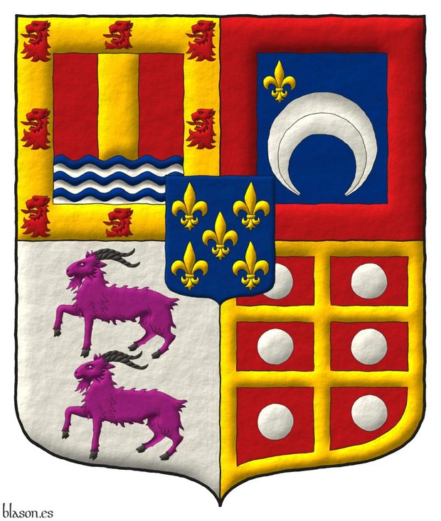 Quarterly: 1 Gules, a pale Or upon six waves Azure and Argent, a bordure Or charged with eight lions' heads erased Gules [for Dur�n]; 2 Azure, a crescent reversed Argent, in dexter chief a fleur de lis Or, a bordure Gules [for Alpoim]; 3 Argent, two goats in pale Purpure, horned Sable [for Cabral]; 4 Gules, a double cross throughout Or cantoned by six plates, a bordure Or [for Melo]; an inescutcheon Azure, five fleurs de lis Or.