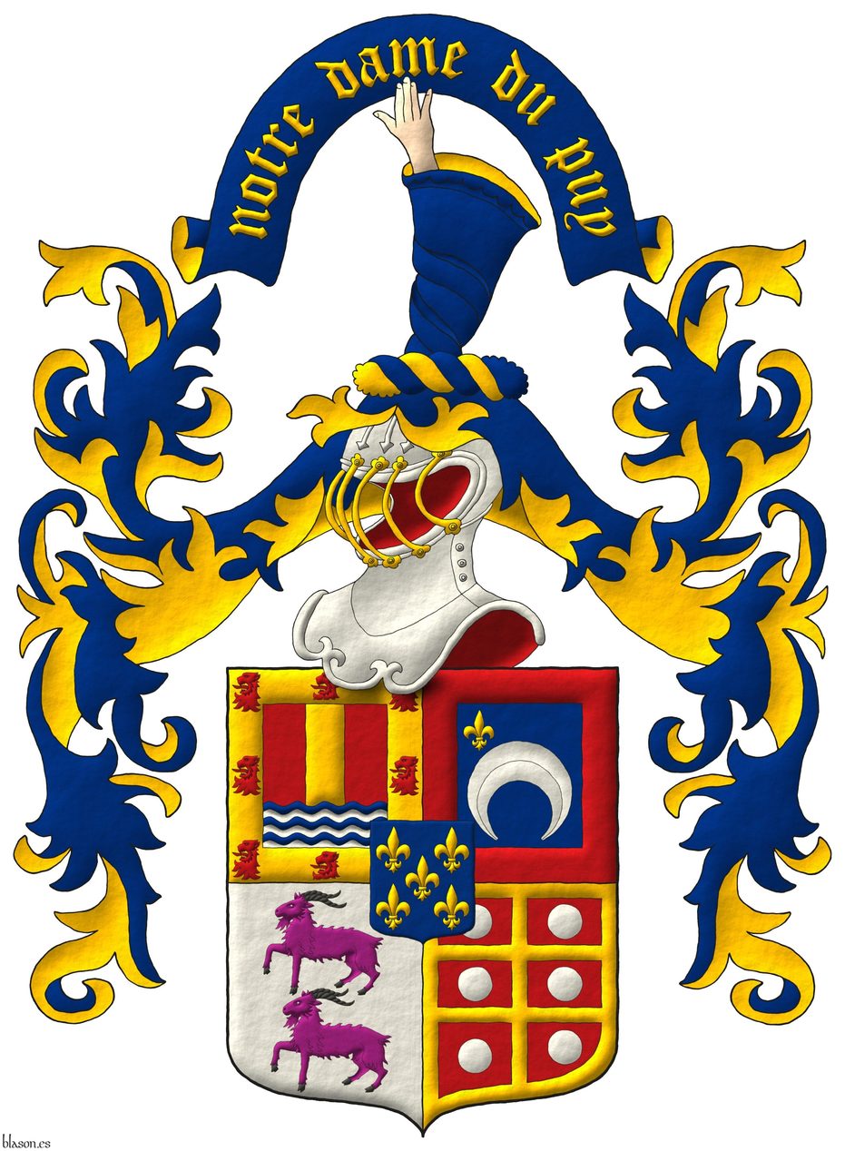 Escudo cuartelado: 1o de gules, un palo de oro sostenido de seis ondas de azur y plata, una bordura de oro cargada de ocho cabezas de le�n arrancadas de gules [de Dur�n]; 2o de azur, un creciente ranversado de plata, en la diestra del jefe una flor de lis de oro, una bordura de gules [de Alpoim]; 3o de plata, dos cabras en palo de p�rpura, acornadas de sable [de Cabral]; 4o de gules, una cruz doble y plena de oro cantonada de seis bezantes de plata, una bordura de oro [de Melo]; un escus�n de azur, cinco flores de lis de oro. Timbrado de un yelmo terciado de plata, grilletado de oro, adornado de dos lambrequines de azur doblados de oro, un burelete de oro y azur cimado de un brazo al natural, vestido de azur, forrado de oro, teniendo una filacteria de azur doblada de oro, inscrita del grito �Notre Dame du Puy� de oro.