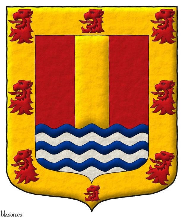 Escudo de gules, un palo de oro sostenido de seis ondas de azur y plata, una bordura de oro cargada de ocho cabezas de le�n arrancadas de gules.