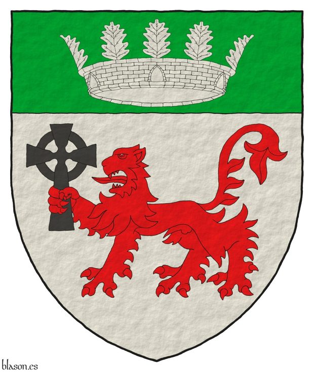 Escudo de plata, un león pasante de gules, teniendo en su diestra una cruz celta se sable, en un jefe de sinople, una corona mural con cinco hojas de roble visibles de plata.