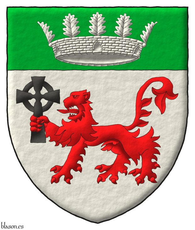 Escudo de plata, un león pasante de gules, teniendo en su diestra una cruz celta se sable, en un jefe de sinople, una corona mural con cinco hojas de roble visibles de plata.