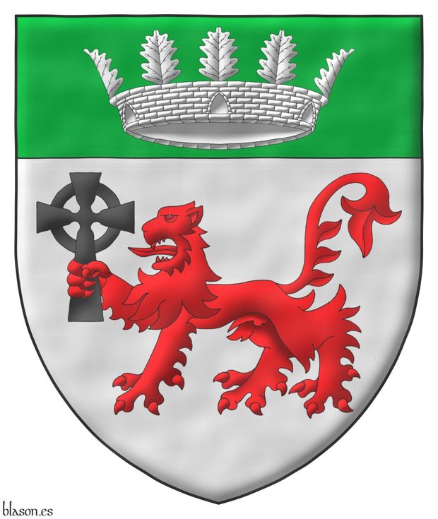 Argent, a lion passant Gules, grasping a Celtic cross Sable in its dexter forepaw, on a chief Vert, a mural crown with five visible oak leaves Argent.