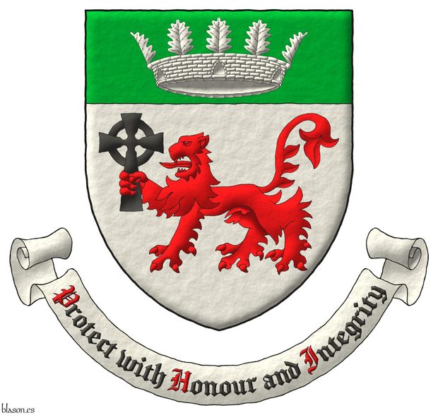 Escudo de plata, un león pasante de gules, teniendo en su diestra una cruz celta se sable, en un jefe de sinople, una corona mural con cinco hojas de roble visibles de plata. Lema: «Protect with Honour and Integrity» de sable, con letras iniciales de gules, sobre una filacteria de plata.