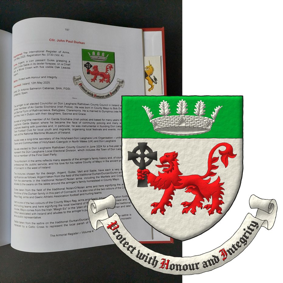 Argent, a lion passant Gules, grasping a Celtic cross Sable in its dexter forepaw, on a chief Vert, a mural crown with five visible oak leaves Argent. Motto: Protect with Honour and Integrity Sable, with initial letters Gules, over a scroll Argent.