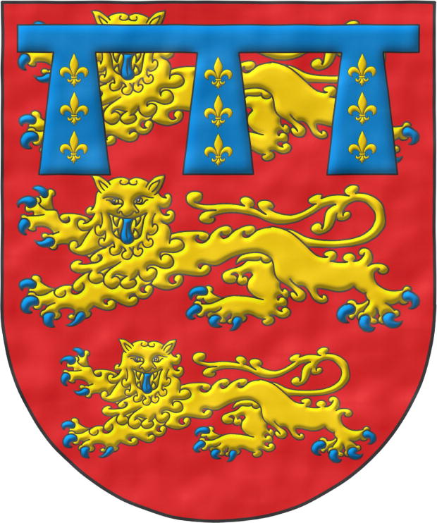 Escudo de gules, tres leopardos en palo de oro, armados y lampasados de azur; brochante sobre el todo, un lambel de azur con tres pendientes, cargado cada uno con tres flores de lis de oro en palo.