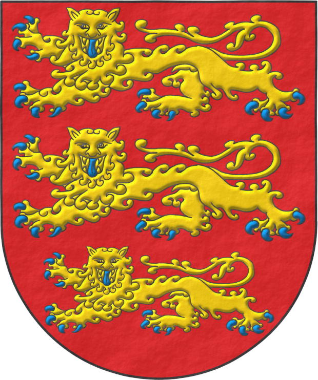 Escudo de gules, tres leopardos en palo de oro, armados y lampasados de azur.