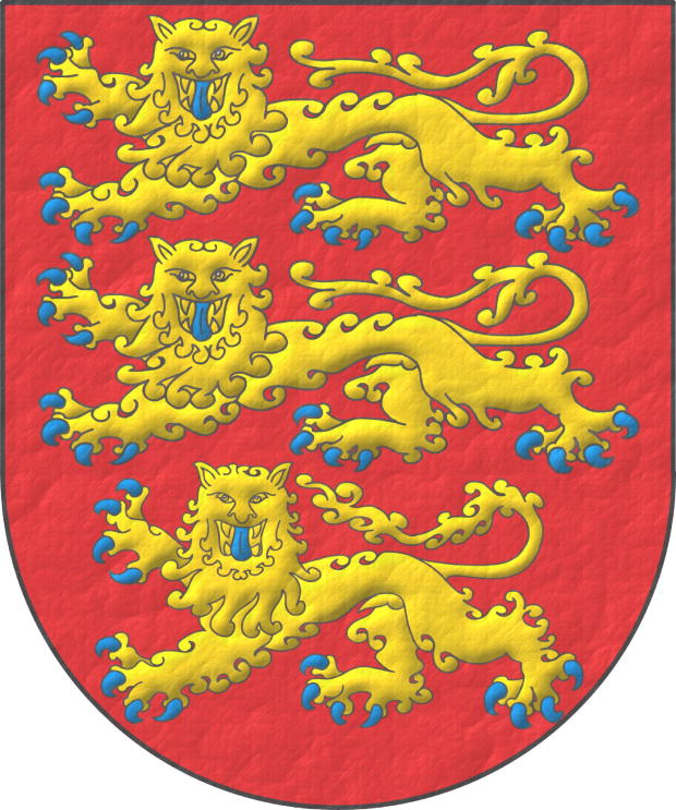 Escudo de gules, tres leopardos en palo de oro, armados y lampasados de azur.