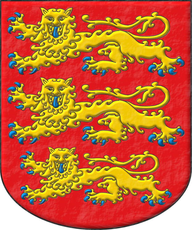 Escudo de gules, tres leopardos en palo de oro, armados y lampasados de azur.