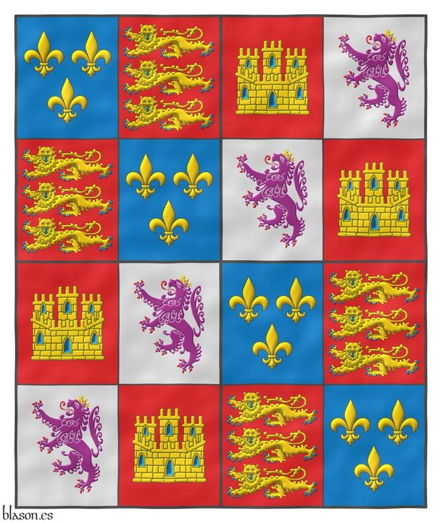 Pendn cuartelado de dieciseis: 1o, 6o, 11o y 16o de azur, tres flores de lis de oro; 2o, 5o, 12o y 15o de gules, tres leopardos en palo de oro, armados y lampasados de azur; 3o, 8o, 9o y 14o de gules, un castillo de oro, aclarado de azur, mazonado de sable; 4o, 7o, 10o y 13o de plata, un len rampante de prpura, armado y lampasado de gules, coronado de oro.