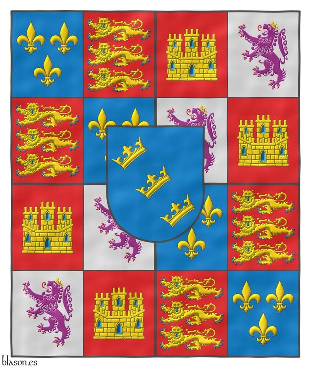 Pendn cuartelado de dieciseis: 1o, 6o, 11o y 16o de azur, tres flores de lis de oro; 2o, 5o, 12o y 15o de gules, tres leopardos en palo de oro, armados y lampasados de azur; 3o, 8o, 9o y 14o de gules, un castillo de oro, aclarado de azur, mazonado de sable; 4o, 7o, 10o y 13o de plata, un len rampante de prpura, armado y lampasado de gules, coronado de oro; en un escuson de azur, tres coronas en banda, puestas en banda de oro.