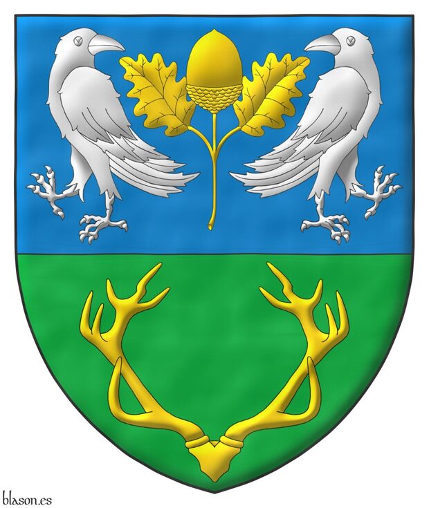 Party per fess: 1 Azure, an acorn leaved and slipped Or, between two ravens addorsed and regardant Argent; 2 Vert, a stag's massacre Or.