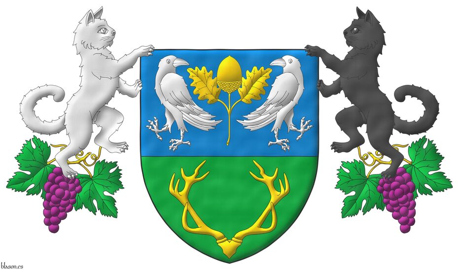 Party per fess: 1 Azure, an acorn leaved and slipped Or, between two ravens addorsed and regardant Argent; 2 Vert, a stag's massacre Or. Supporters: Upon two bunches of grapes Purpure, leaved Vert, and slipped Or, one on each side, two cats rampant Argent in the dexter and Sable in the sinister.