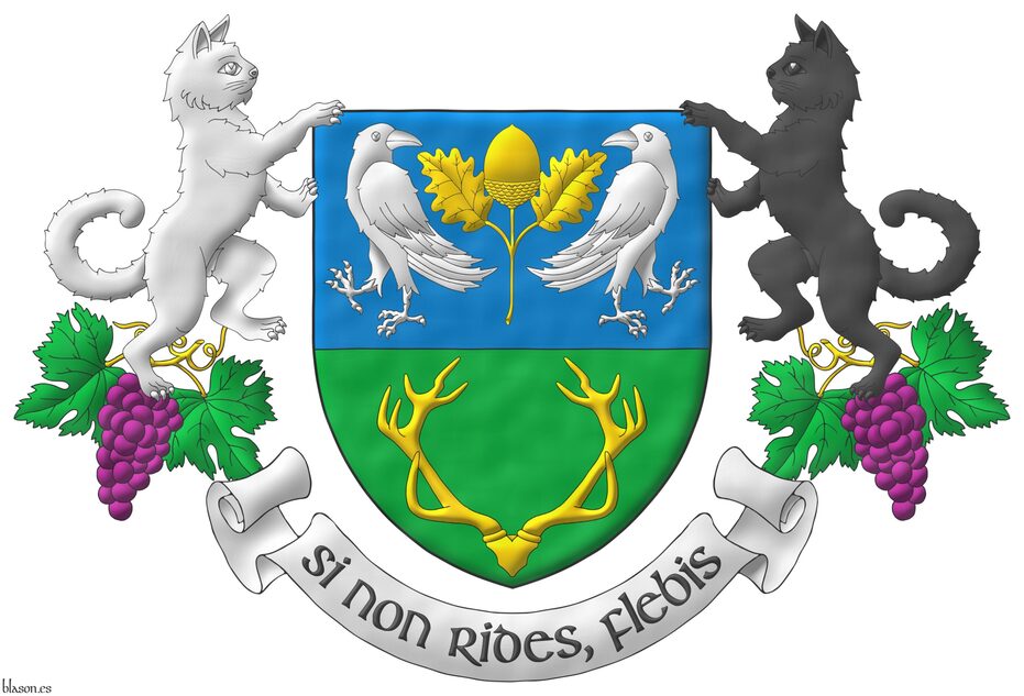 Party per fess: 1 Azure, an acorn leaved and slipped Or, between two ravens addorsed and regardant Argent; 2 Vert, a stag's massacre Or. Supporters: Upon two bunches of grapes Purpure, leaved Vert, and slipped Or, one on each side, two cats rampant Argent in the dexter and Sable in the sinister. Motto: �Si non rides, flebis�.
