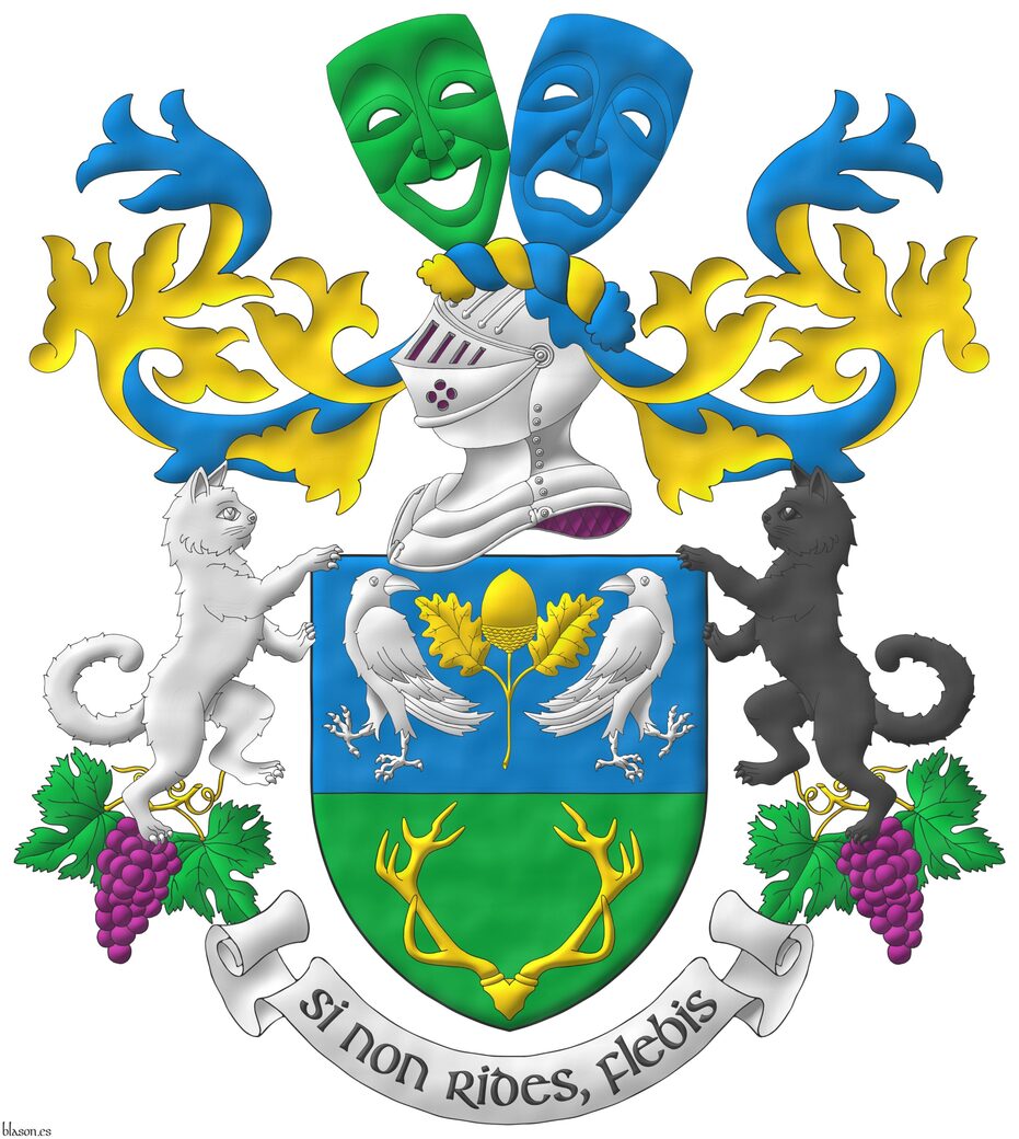 Party per fess: 1 Azure, an acorn leaved and slipped Or, between two ravens addorsed and regardant Argent; 2 Vert, a stag's massacre Or. Crest: Upon a helm lined Purpure with a wreath Or and Azure, a comedy mask bendwise Vert conjoined in fess with a tragedy mask bend sinisterwise Azure. Mantling: Azure doubled Or. Supporters: Upon two bunches of grapes Purpure, leaved Vert, and slipped Or, one on each side, two cats rampant Argent in the dexter and Sable in the sinister. Motto: �Si non rides, flebis�.